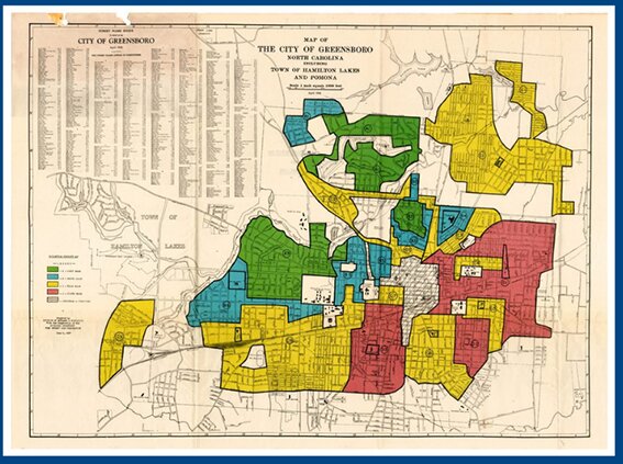 Historic redlining map of the City of Greensboro, North Carolina, with neighborhoods shaded green, blue, yellow and red